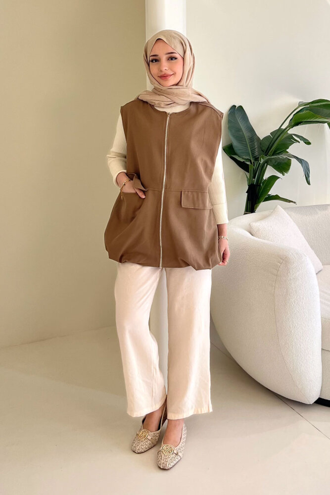 Cepli Fermuarlı Yelek - Vizon - ENMA (1)