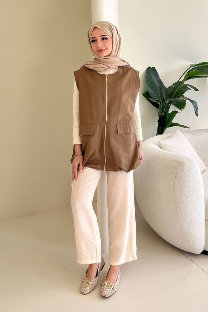 Cepli Fermuarlı Yelek - Vizon - ENMA (5)