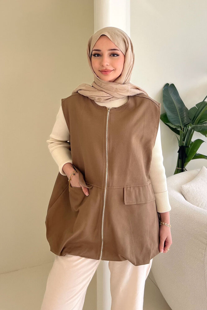 Cepli Fermuarlı Yelek - Vizon - ENMA (2)