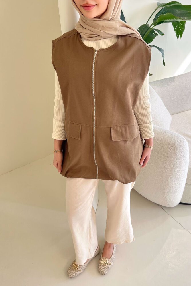 Cepli Fermuarlı Yelek - Vizon - ENMA (3)