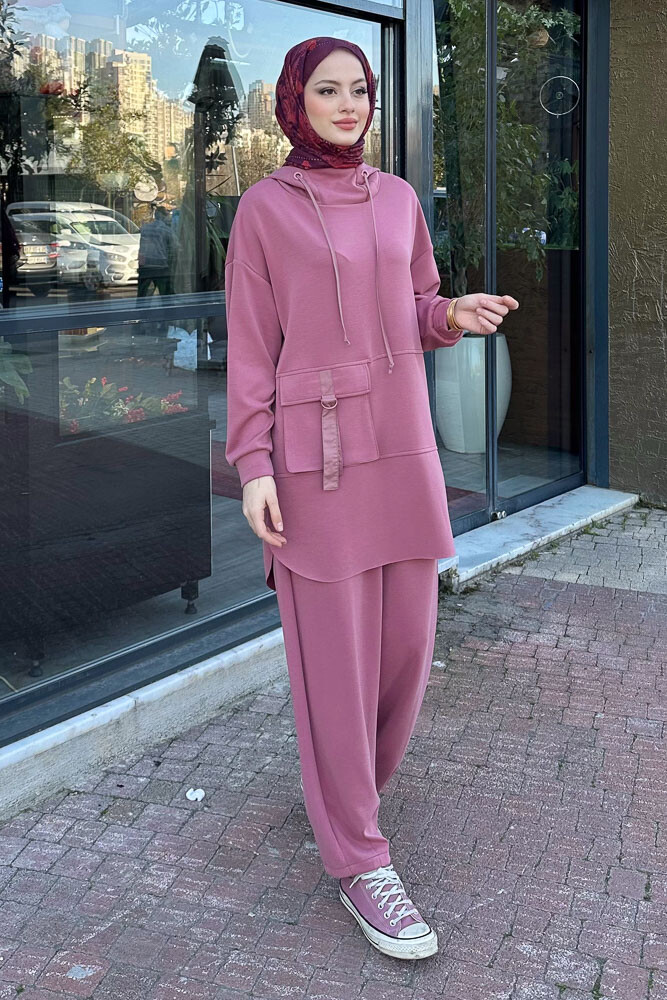 Cepli Kapüşonlu Modal Takım - Pudra - 2