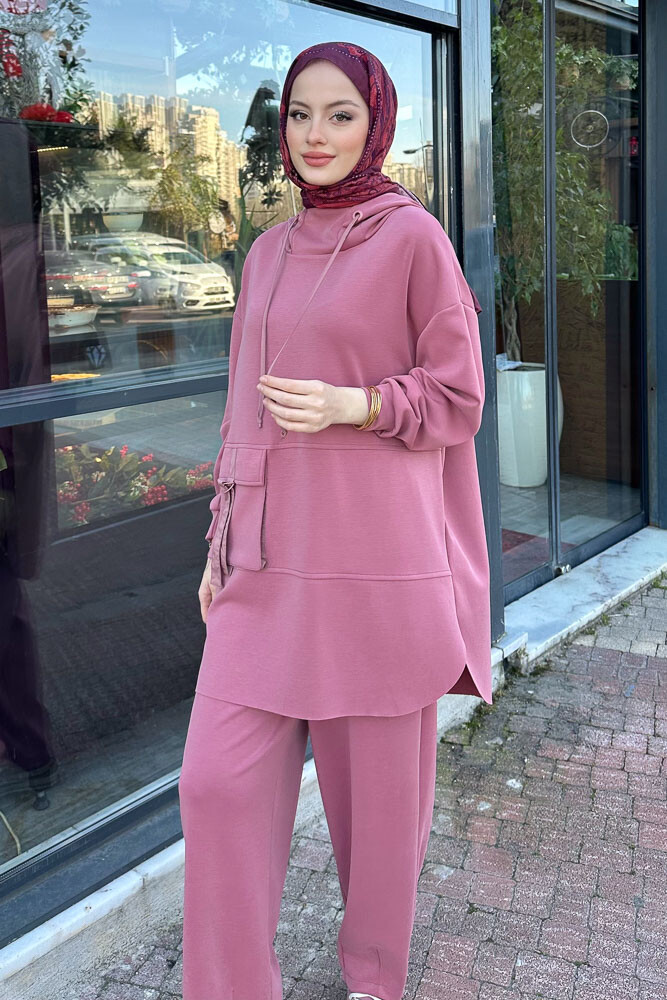 Cepli Kapüşonlu Modal Takım - Pudra - 4