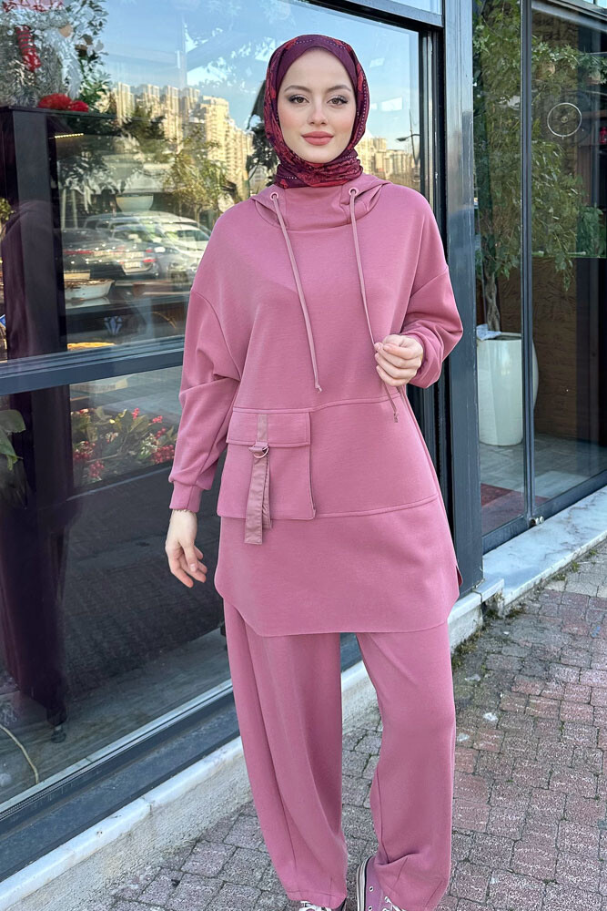 Cepli Kapüşonlu Modal Takım - Pudra - 1