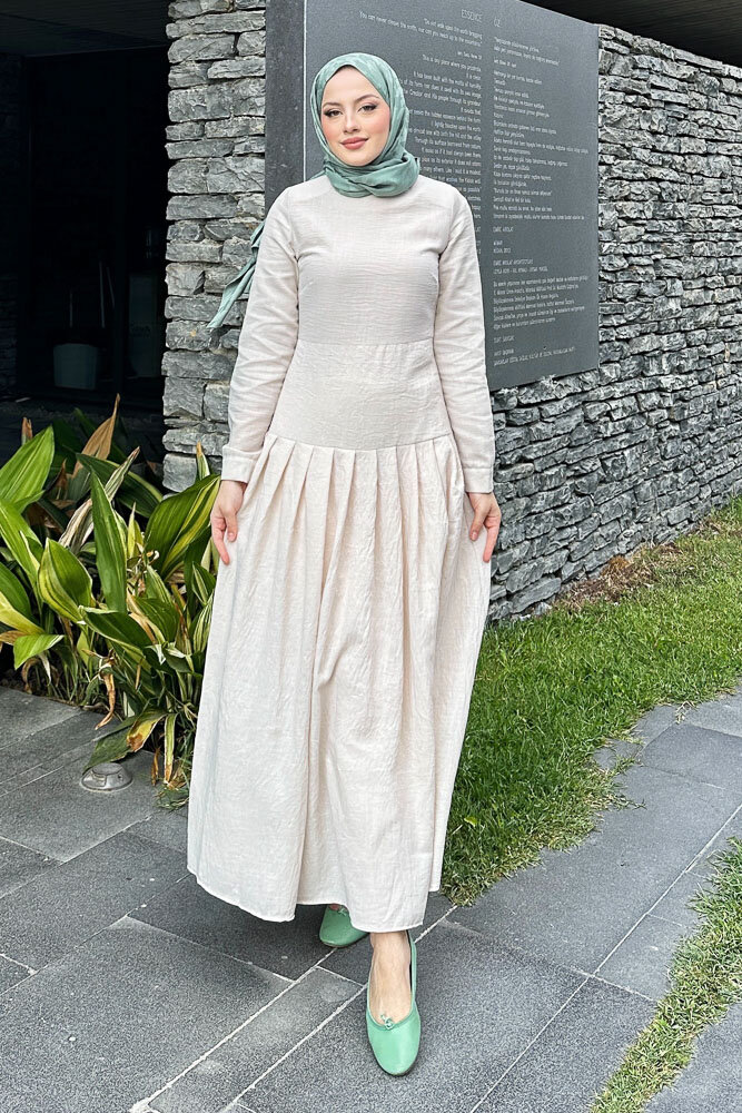 Chiara Keten Elbise - Taş Rengi - HENZA (4)