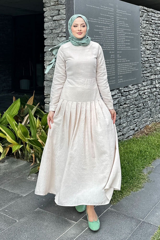 Chiara Keten Elbise - Taş Rengi - HENZA (5)