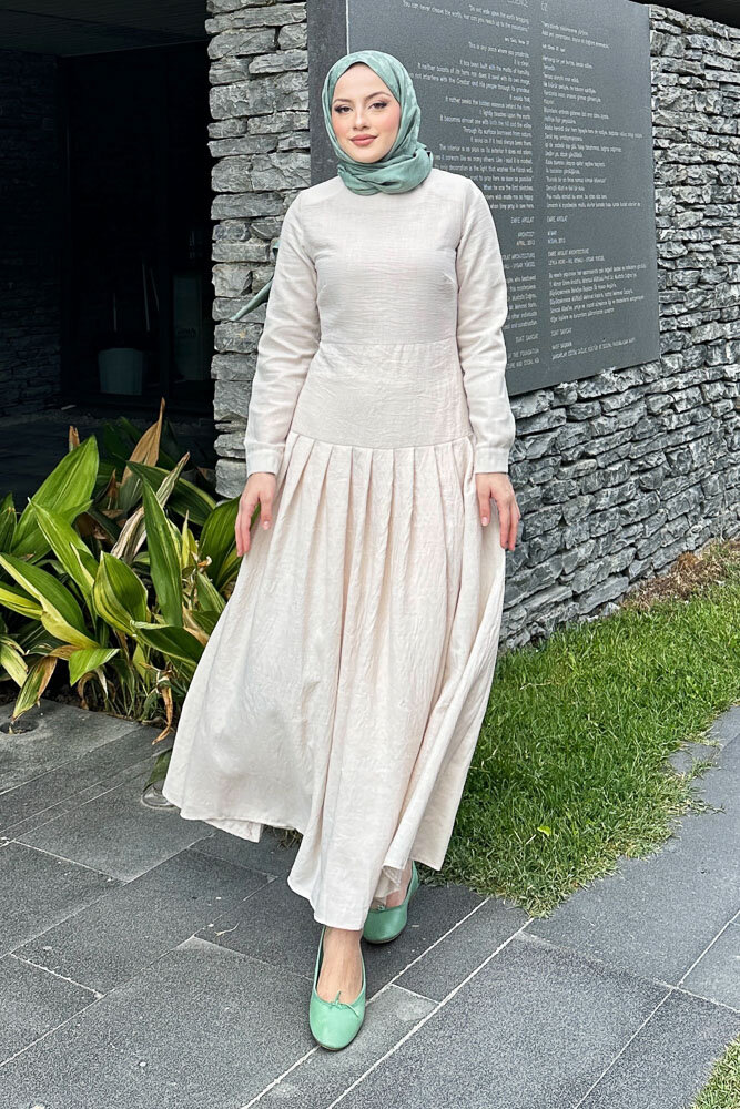 Chiara Keten Elbise - Taş Rengi 