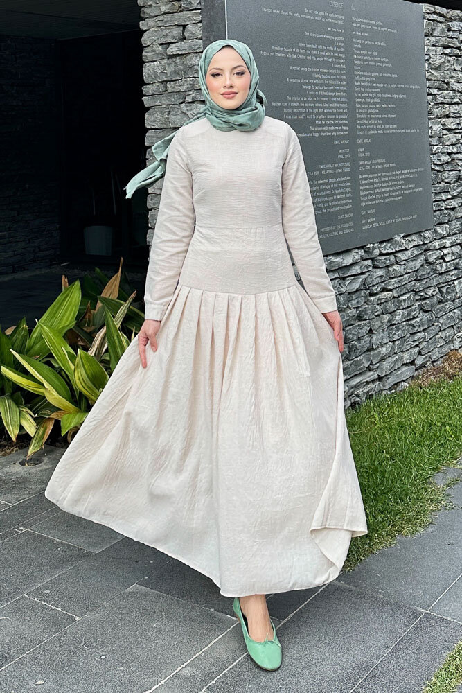 Chiara Keten Elbise - Taş Rengi - 3