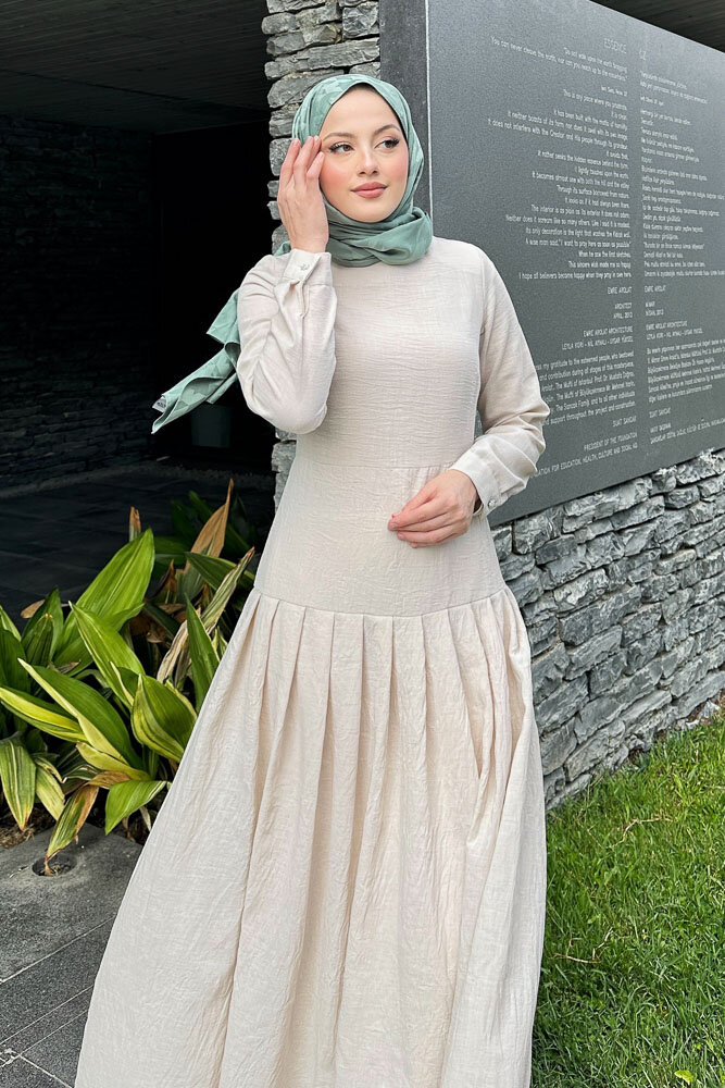 Chiara Keten Elbise - Taş Rengi - HENZA (1)