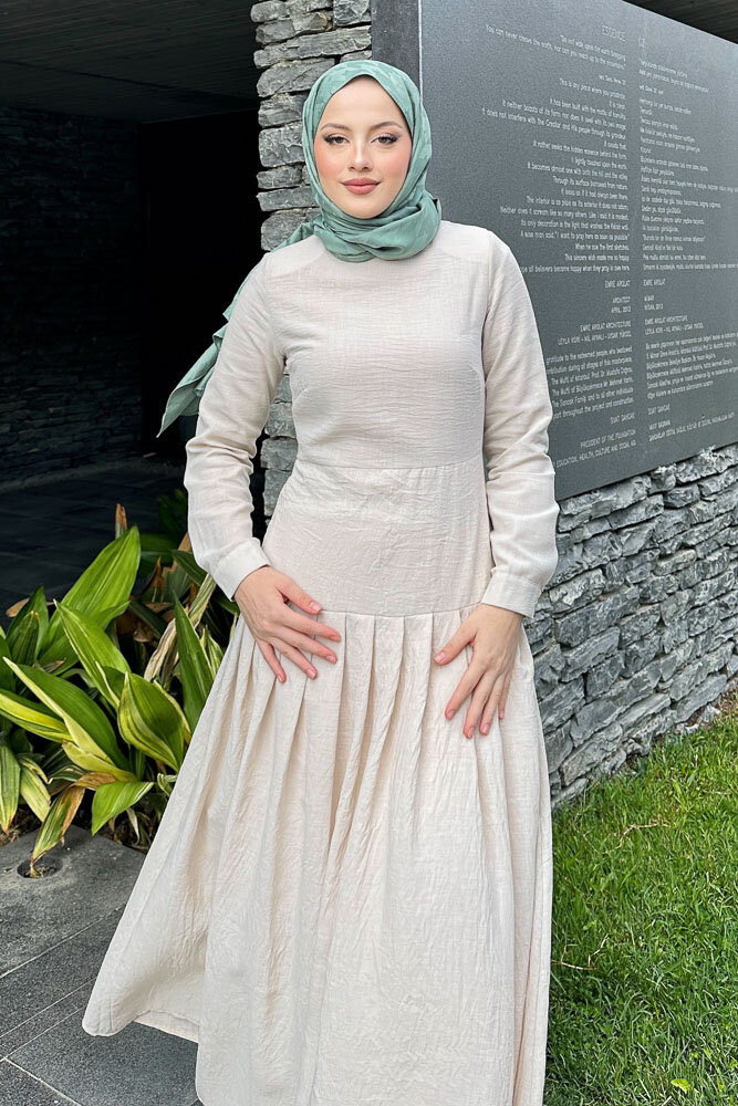 Chiara Keten Elbise - Taş Rengi - 7