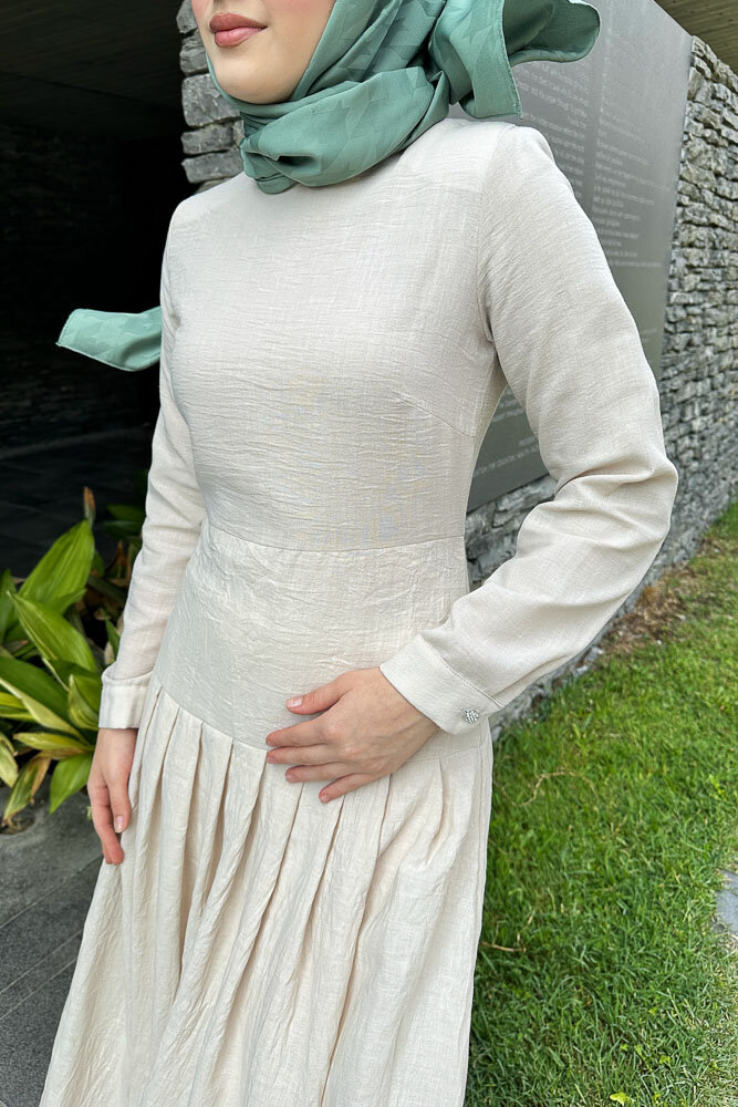 Chiara Keten Elbise - Taş Rengi - HENZA (3)