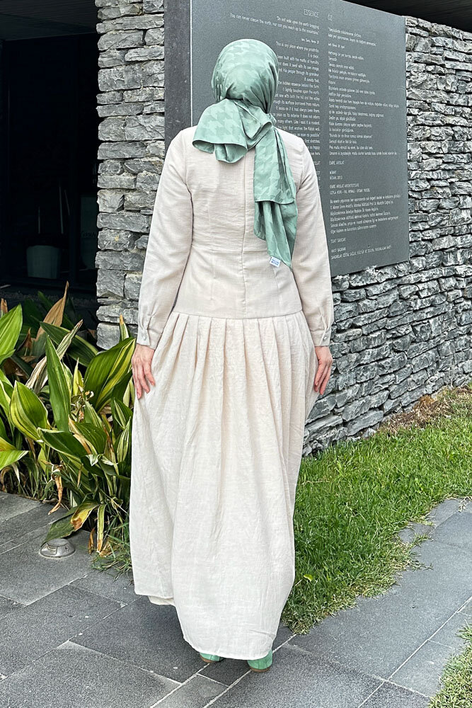 Chiara Keten Elbise - Taş Rengi - 8