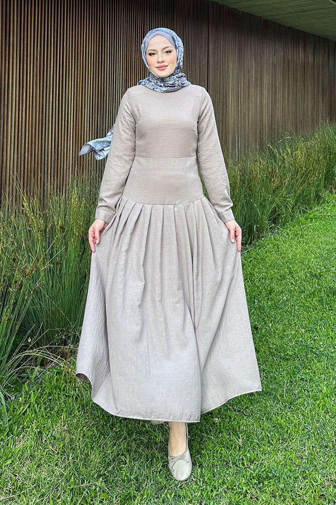 Chiara Keten Elbise - Vizon - 1