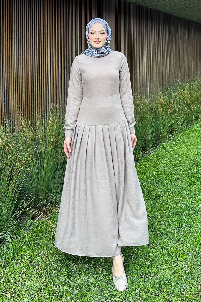 Chiara Keten Elbise - Vizon - 3