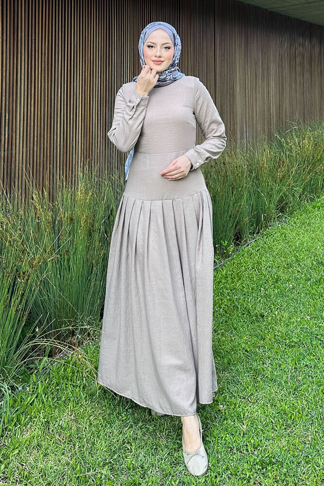 Chiara Keten Elbise - Vizon - HENZA (3)