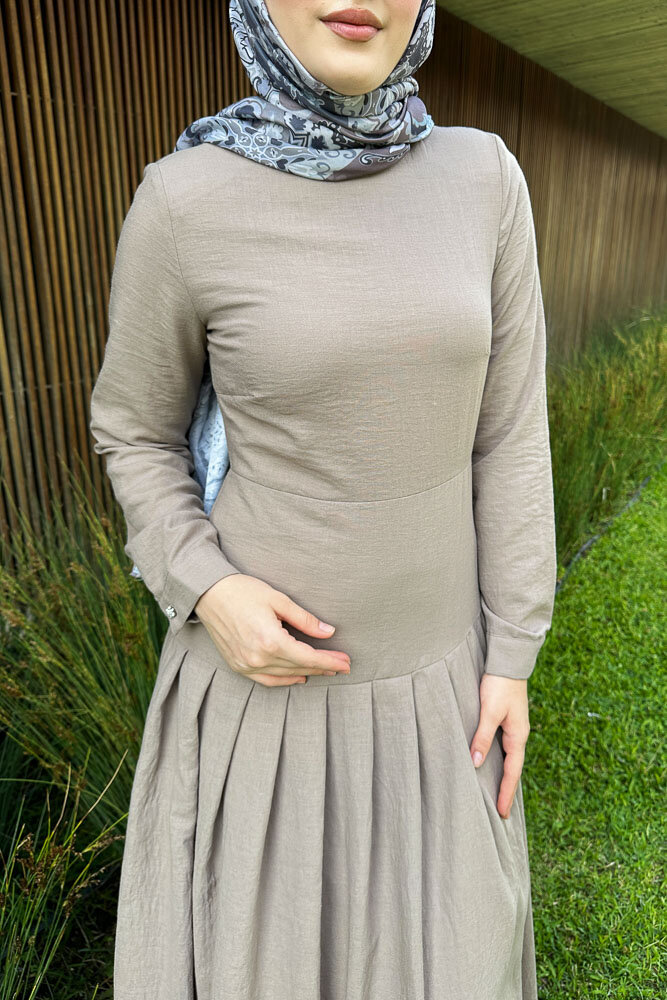 Chiara Keten Elbise - Vizon - 8