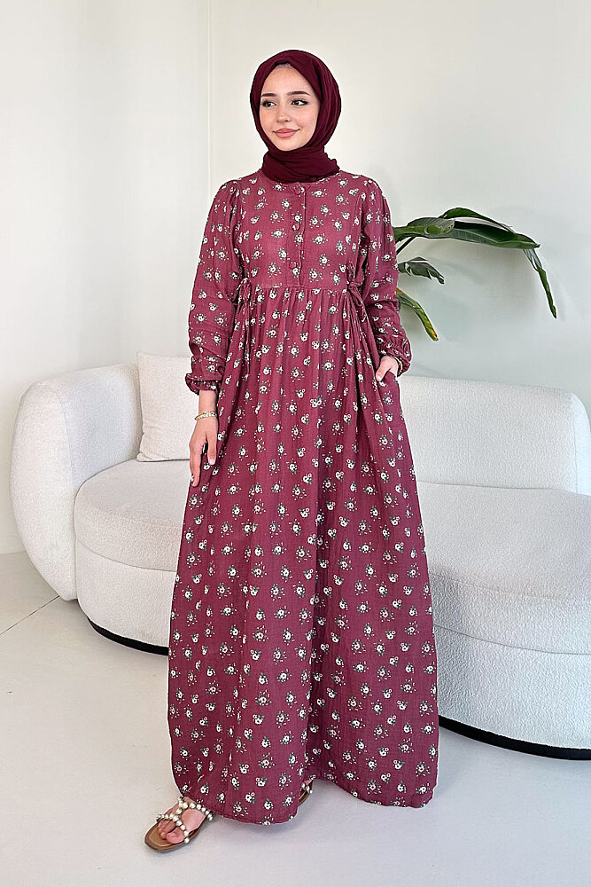 Çiçek Desenli Bağlamalı Elbise - Bordo - 3