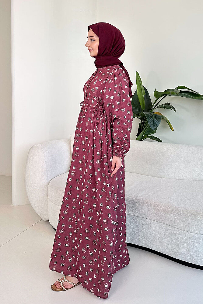 Çiçek Desenli Bağlamalı Elbise - Bordo - 4