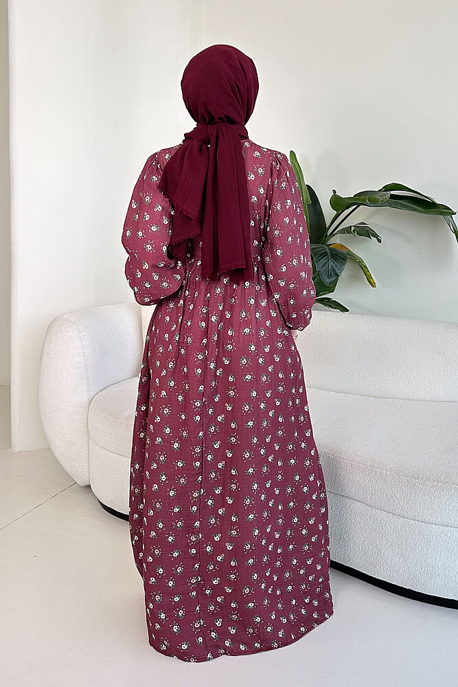 Çiçek Desenli Bağlamalı Elbise - Bordo - ALLMİSS (5)