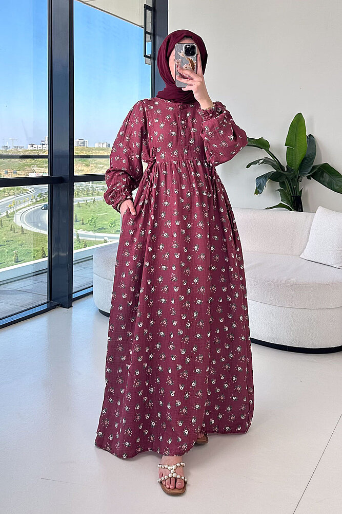 Çiçek Desenli Bağlamalı Elbise - Bordo - 1