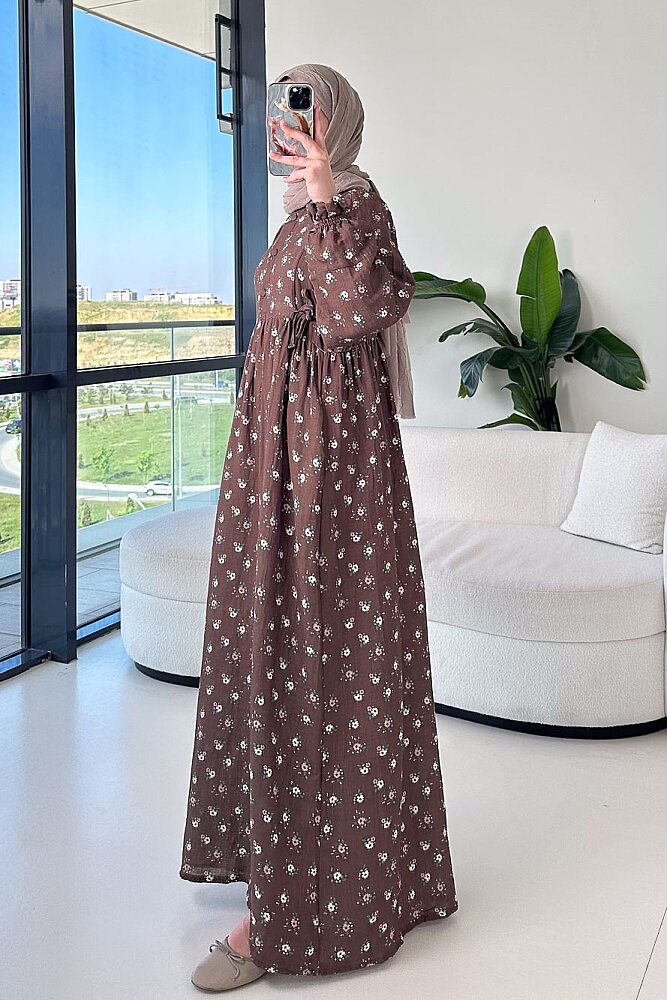 Çiçek Desenli Bağlamalı Elbise - Kahverengi - 2