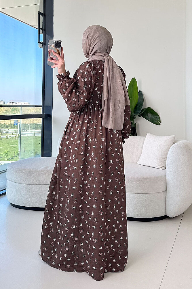 Çiçek Desenli Bağlamalı Elbise - Kahverengi - 6