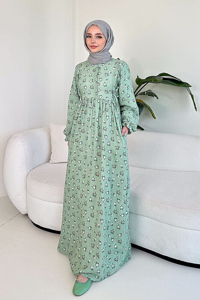Çiçek Desenli Bağlamalı Elbise - Yeşil - 3