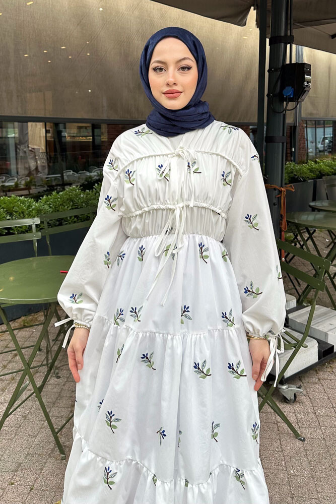 Çiçek Desenli Biyeli Elbise - Ekru - 3