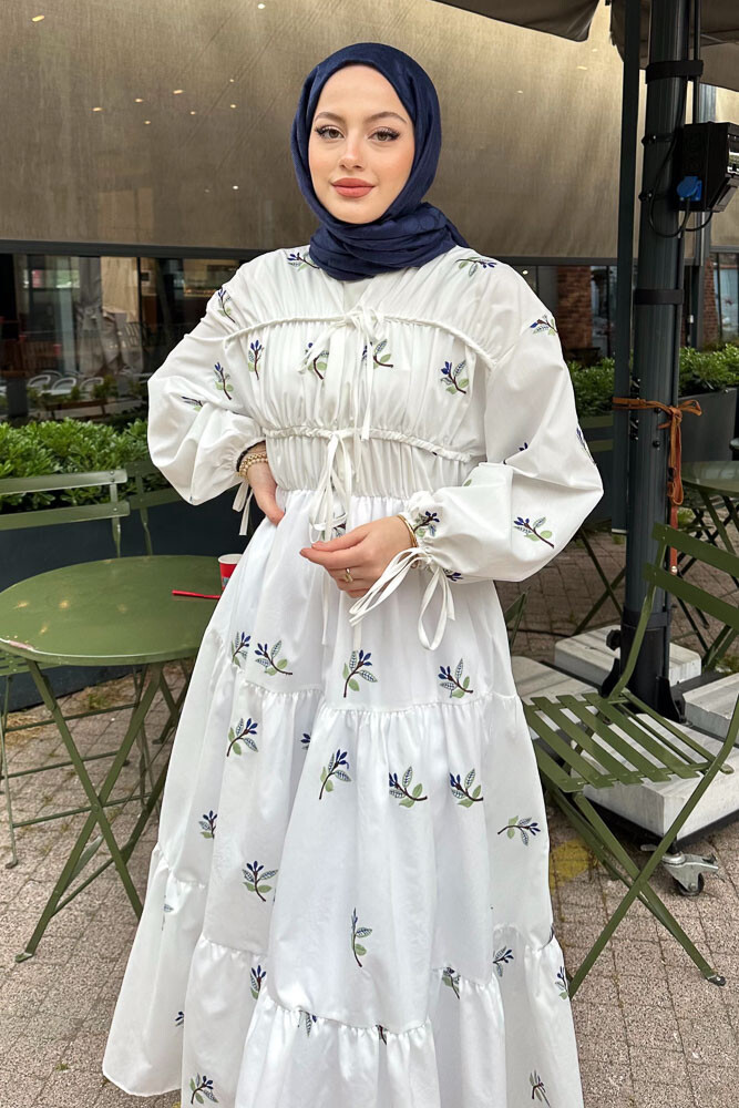 Çiçek Desenli Biyeli Elbise - Ekru - 6