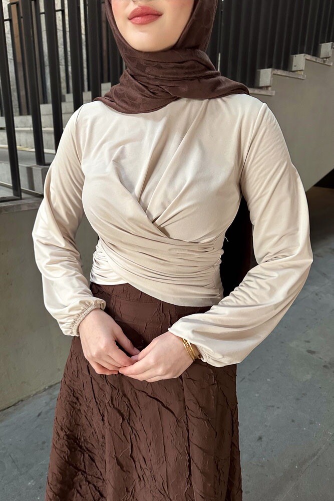 Çift Drapeli Bluz - Bej - HENZA (4)