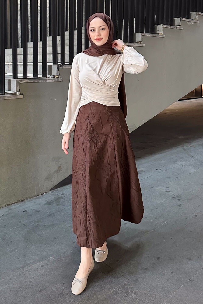 Çift Drapeli Bluz - Bej - HENZA (1)