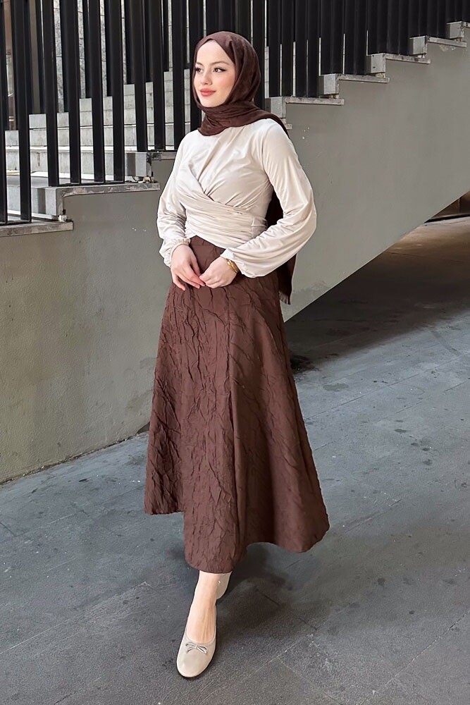 Çift Drapeli Bluz - Bej - HENZA (5)