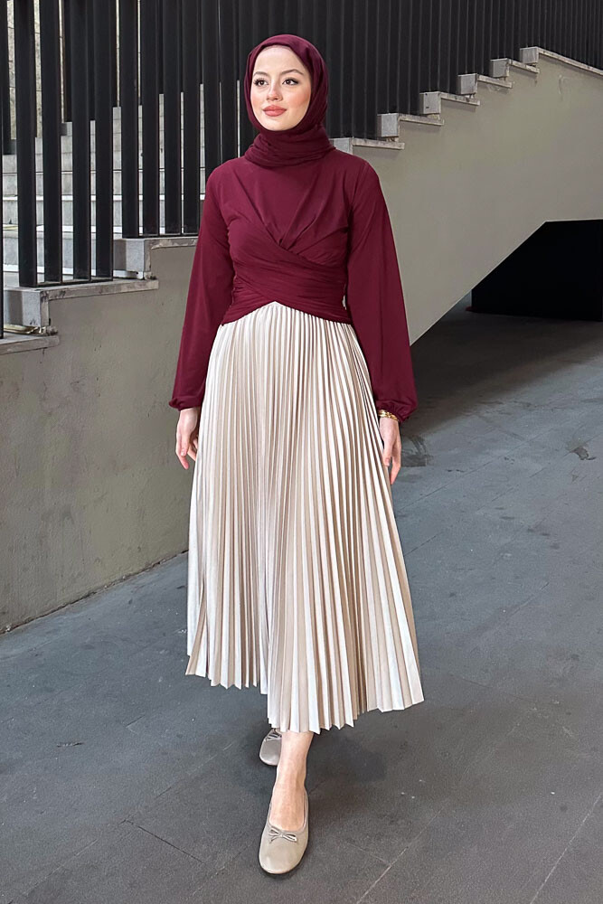 Çift Drapeli Bluz - Bordo - HENZA (4)