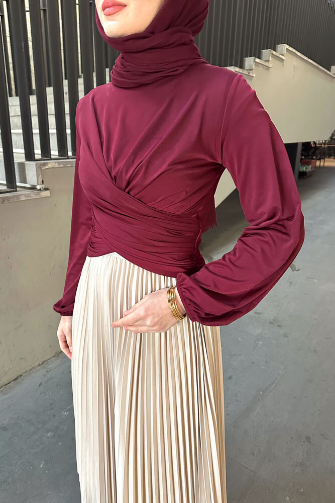 Çift Drapeli Bluz - Bordo - HENZA (3)