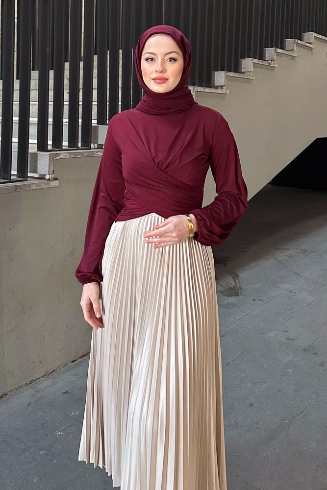 Çift Drapeli Bluz - Bordo - HENZA (5)