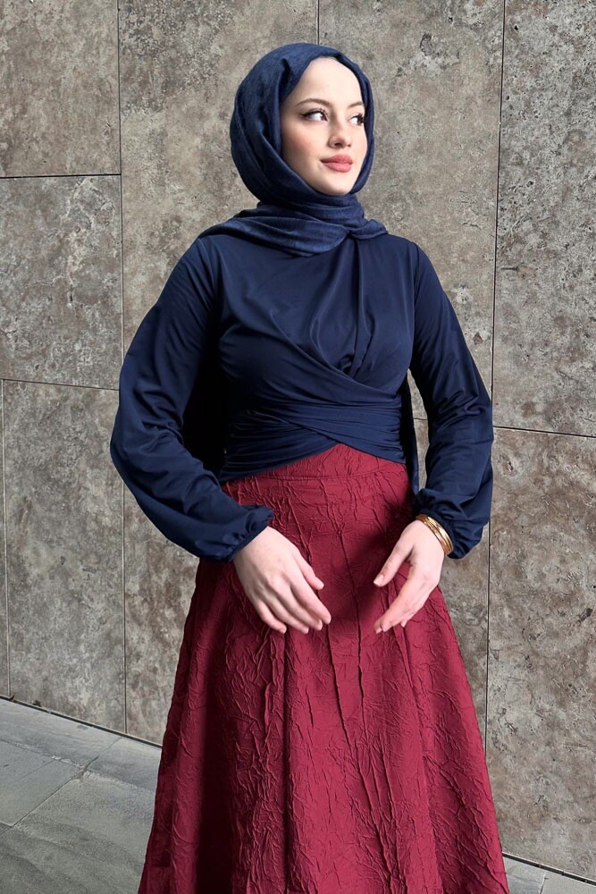 Çift Drapeli Bluz - Lacivert - HENZA (3)