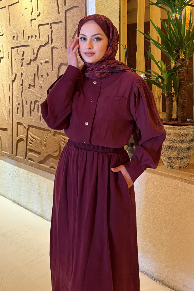 Çıt Çıtlı Modal Etek Takım - Bordo - 2