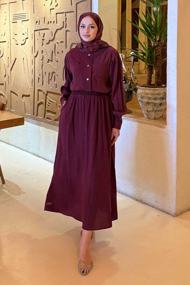 Çıt Çıtlı Modal Etek Takım - Bordo - 4