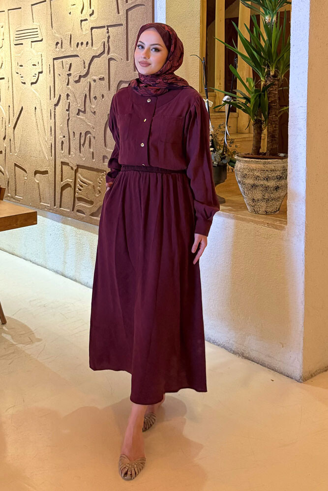 Çıt Çıtlı Modal Etek Takım - Bordo - 1