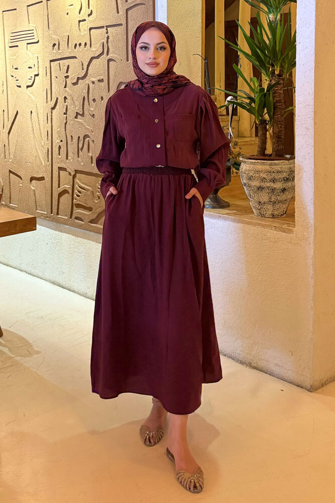 Çıt Çıtlı Modal Etek Takım - Bordo - 3