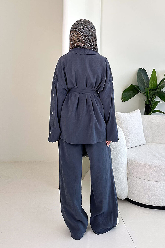 Çıtçıt Detaylı Kemerli Pantolon Takım - Antrasit - 6