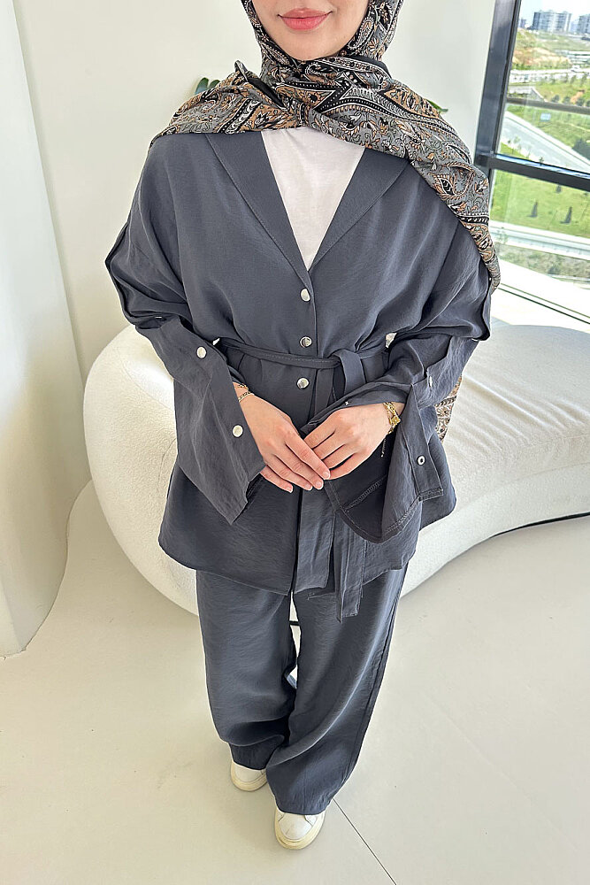 Çıtçıt Detaylı Kemerli Pantolon Takım - Antrasit - ENMA (2)