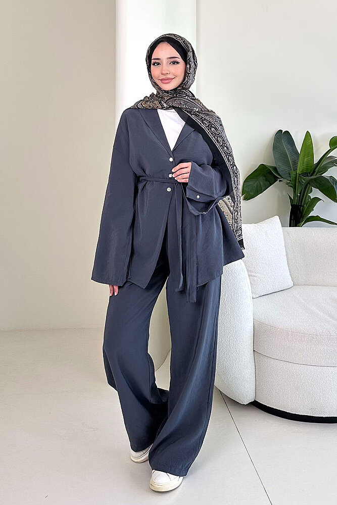 Çıtçıt Detaylı Kemerli Pantolon Takım - Antrasit - 4