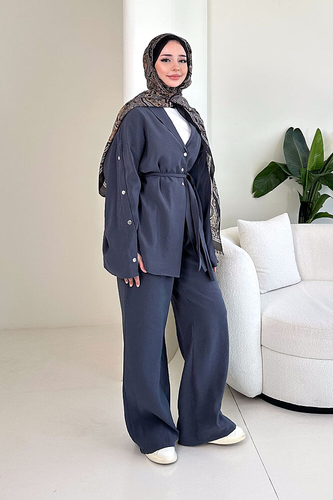 Çıtçıt Detaylı Kemerli Pantolon Takım - Antrasit - 2