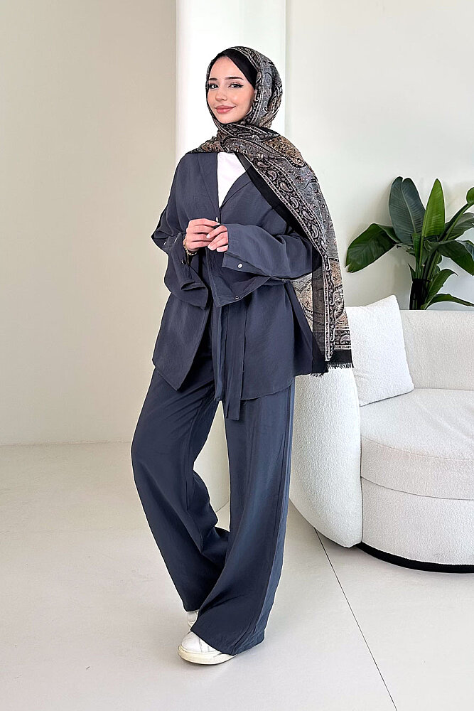 Çıtçıt Detaylı Kemerli Pantolon Takım - Antrasit - 7