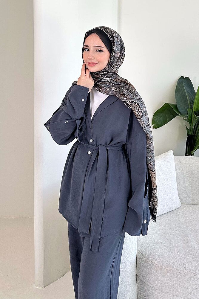 Çıtçıt Detaylı Kemerli Pantolon Takım - Antrasit - 5