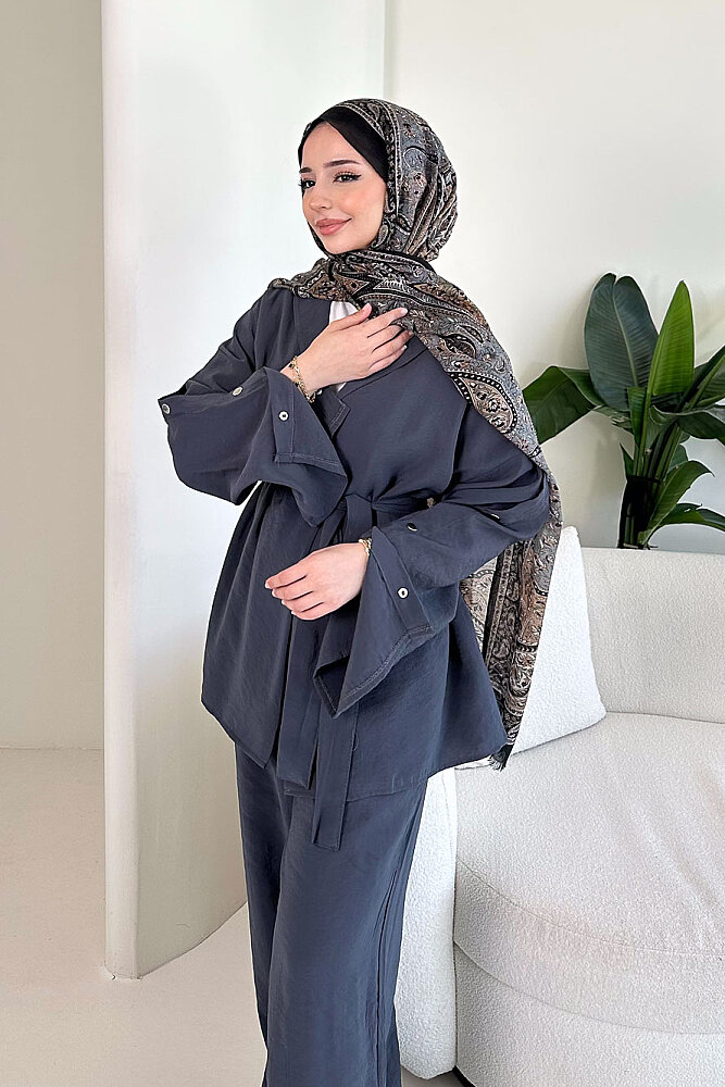 Çıtçıt Detaylı Kemerli Pantolon Takım - Antrasit - 1