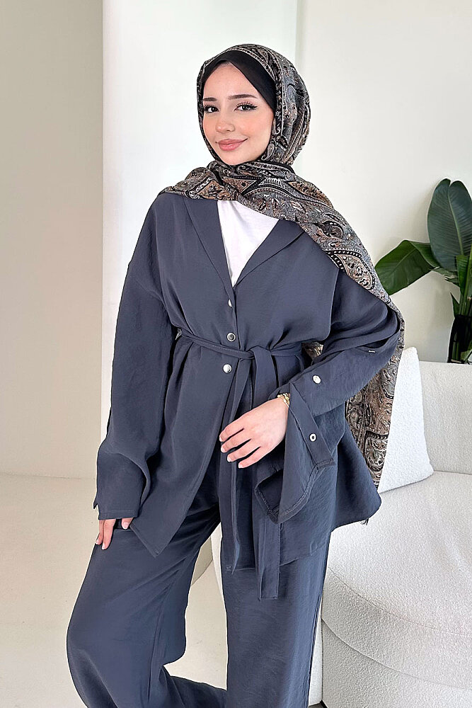 Çıtçıt Detaylı Kemerli Pantolon Takım - Antrasit - 8