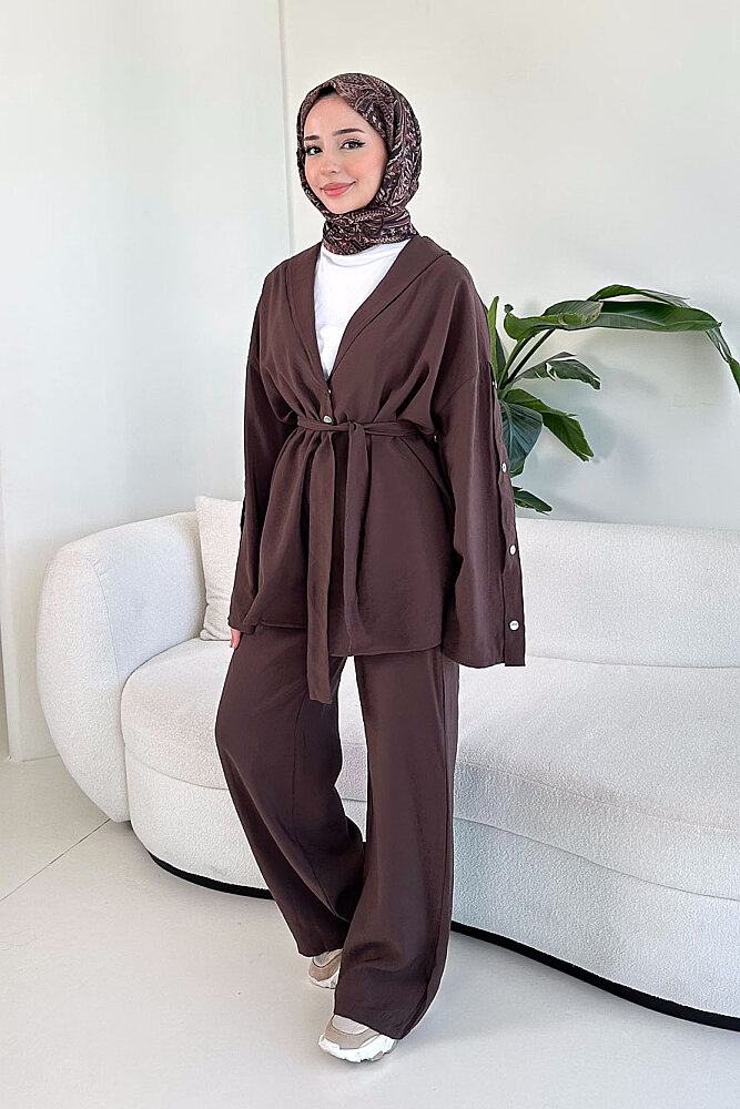 Çıtçıt Detaylı Kemerli Pantolon Takım - Kahverengi - 2