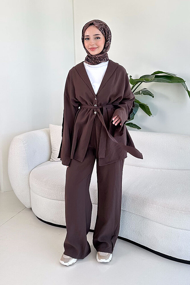 Çıtçıt Detaylı Kemerli Pantolon Takım - Kahverengi - 5