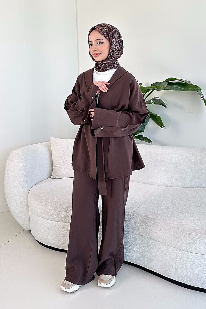 Çıtçıt Detaylı Kemerli Pantolon Takım - Kahverengi - 7
